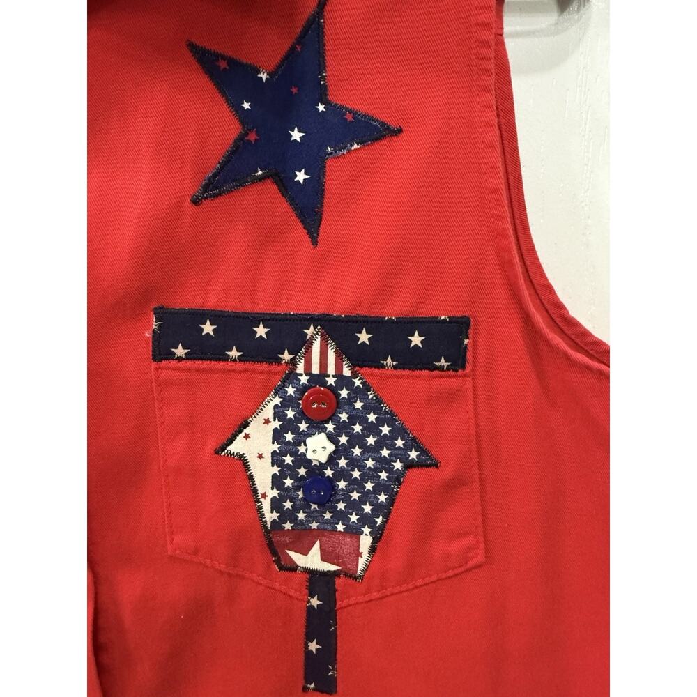 Womens XL Denim Sleeveless Patriotic July 4thButton Down Red Top Cottagecore - Picture 3 of 7